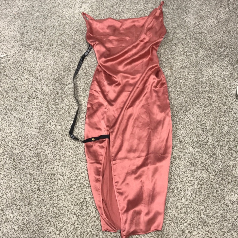 Cowl neckline, satin slip dress. PrettyLittleThing